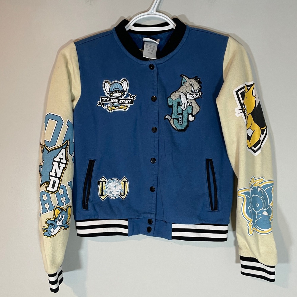 VTG Tom and Jerry Kids Blue Varsity Bomber Jacket Patches Size 14/16 XL Y2K‎
